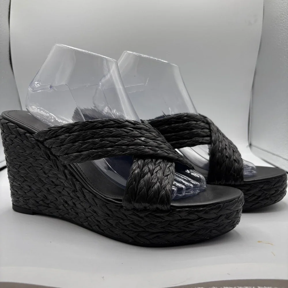 Marc Fisher Flynn Black Woven‎ Raffia Platform Wedge Sandals Womens Size 11M